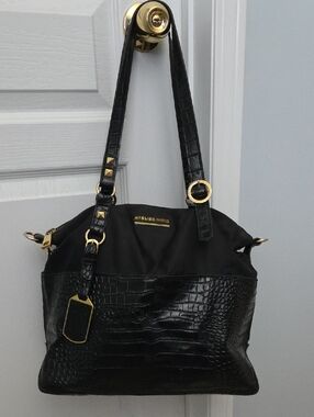 Atelier Noir Black Croc-Embossed Leather & Nylon Shoulder Bag with Gold Hardware